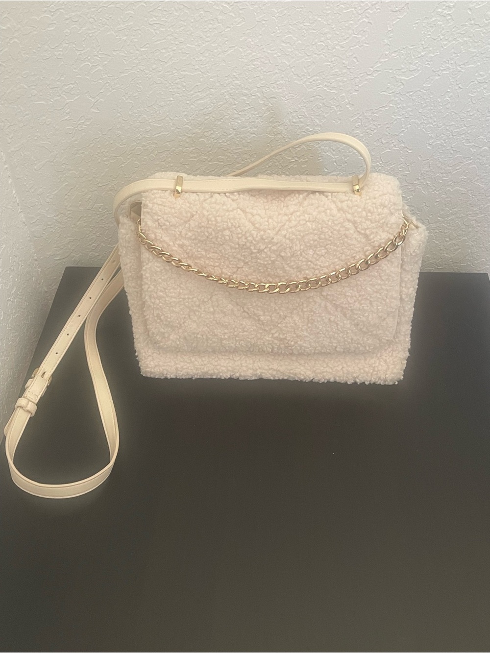 a new day Cream Sherpa Shoulder Bag with Gold Chain